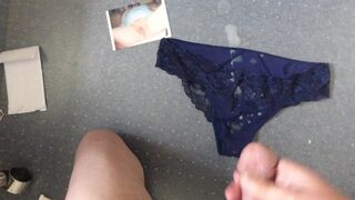 Cumming over wife's navy panties