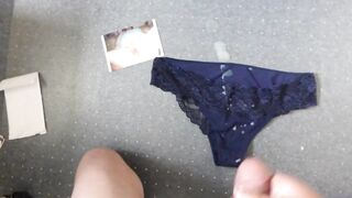 Cumming over wife's navy panties