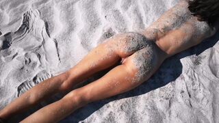 Stranger Finds a Perfect Tanned Skinny Brunette on a Nudist Beach and gives her a Hot Piss