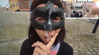 Walk with Cum on Face, Facial Cumshot Outdoors in a Public Place