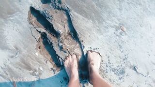 Tik Tok Topless Girl Walking on the Public Beach in Wet Sand