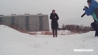 Winter Street Photoshoot in a Fur Coat on a Naked Body