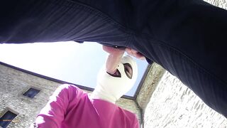 pink outfit in outdoor blowjob and oral creampie