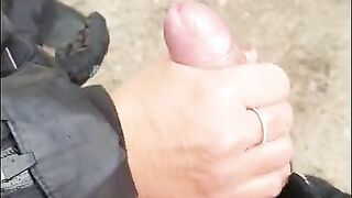 Milf flashing tits outdoors and giving hubby a handjob