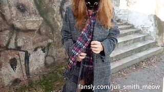 Horny female in a coat flashes tits and pussy in the neighborhood