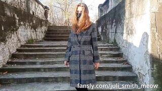 Horny female in a coat flashes tits and pussy in the neighborhood