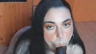 White slut sucking her BBC Dildo