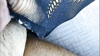 fishnet feet jercking cock