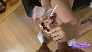 Cumshot Cumplay And Cum Swallow. Cum Cake On Food Porn / سکس جلوی دوست پسر با نفر سوم