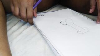 Sexy aunty doesn't get man, draws big cock on paper, pretends to fuck