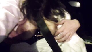 Stranger plays with wife's big tits in a car while husband drive and film