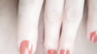 Red nails finger in petite, natural, pink Eastern European pussy.