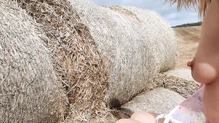 OPEN CUNT playing and showing on a new outfit, on a HAYSTACK !! Brrr xx