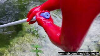 Hot Blonde Girl Works And Piss Outdoor In The Garden In Red Latex Catsuit + Gloves + High Heels