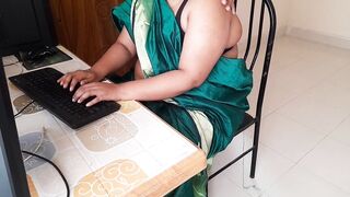 Indian Office Secretary fucks sexy busty boss on chair while working on computer - Big Boobs BBW