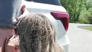 Amateur brunette Babe gives Blowjob on side of Road