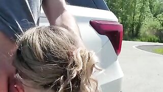 Amateur brunette Babe gives Blowjob on side of Road