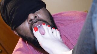 Amazing red painted toes deep in subs mouth