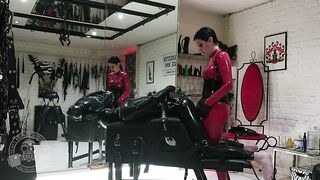 Progressive Anal Training for Rubber Slave - Lady Bellatrix with her strap-on in catsuit (teaser)