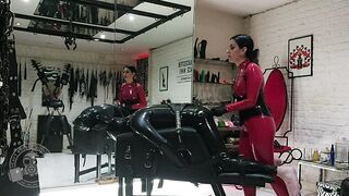 Progressive Anal Training for Rubber Slave - Lady Bellatrix with her strap-on in catsuit (teaser)