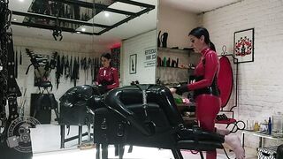 Progressive Anal Training for Rubber Slave - Lady Bellatrix with her strap-on in catsuit (teaser)