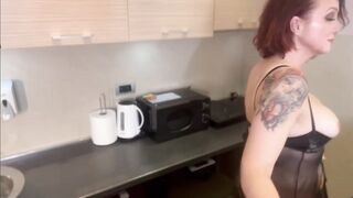 Redhead Milf Kitchen masturbation with huge glass dildo