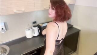 Redhead Milf Kitchen masturbation with huge glass dildo