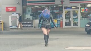 MILF in short mini skirt and fishnets walking in public