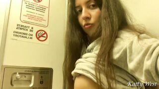 Risky masturbation and pissing in the airplane toilet