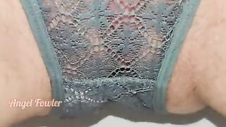 Yellow Pee in Grey lace panties close up