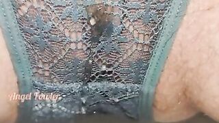 Yellow Pee in Grey lace panties close up