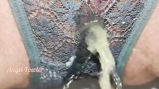 Yellow Pee in Grey lace panties close up