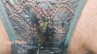 Yellow Pee in Grey lace panties close up