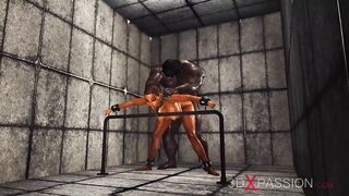 Hot ebony with many boobs in restrains is ready for intense anal sex