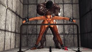 Hot ebony with many boobs in restrains is ready for intense anal sex