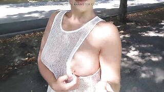 she walks around the city in a see-through blouse and shows her cucki