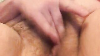 Horny mama rubs her hungry hairy pussy fast to big orgasm!