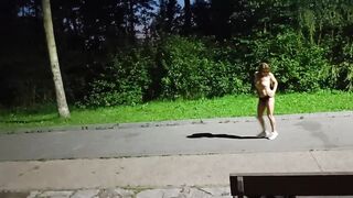 Horny milf walking naked on the bike path