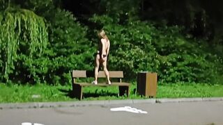 Horny milf walking naked on the bike path