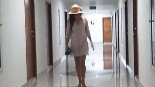 Transparent dress and NO PANTIES in Lift and on Hotel Corridors