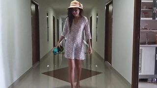 Transparent dress and NO PANTIES in Lift and on Hotel Corridors