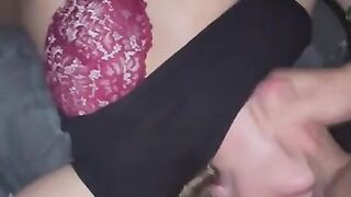 Horny blonde slut sucking balls, moaning and covered in cum after getting facefucked upside down