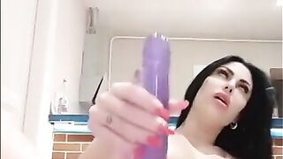 Horny girl moans with pleasure, masturbating with 2 super dildos at the same time????