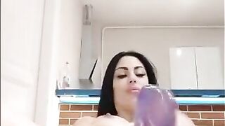 Horny girl moans with pleasure, masturbating with 2 super dildos at the same time????