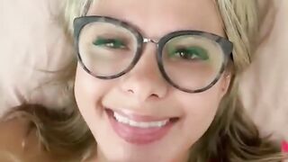 Blonde in sexy glasses take cum in mouth