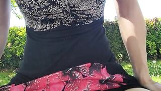 this slut pisses on his cock and gets cum on in a public garden