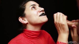 CFNM - Red Turtleneck, Black Lips - Handjob + Cum Mouthful + Cum on Clothes