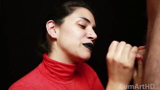 CFNM - Red Turtleneck, Black Lips - Handjob + Cum Mouthful + Cum on Clothes