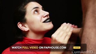 CFNM - Red Turtleneck, Black Lips - Handjob + Cum Mouthful + Cum on Clothes