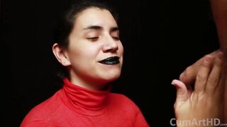 CFNM - Red Turtleneck, Black Lips - Handjob + Cum Mouthful + Cum on Clothes